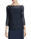 3/4-Sleeve Tiered-Lace Blouse, Midnight Blue