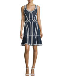 Zigzag-Trim Cocktail Dress, Black/White