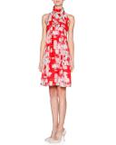 Printed Silk Habutai Halter Dress, Multi Red