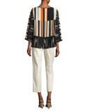 Aubrianna 3/4-Sleeve Avant-Garde Striped Silk Blouse, Multi Pattern