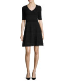 Short-Sleeve Mix-Stitched A-Line Dress, Black