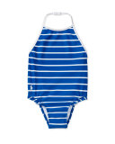 Ruffle-Trim Halter One-Piece Swimsuit, Blue, Size 9-24 Months