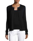 Engineered Rib-Knit Jewel-Neck Cardigan, Caviar/Azzurine