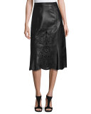 Embroidered Floral Laser-Cut Leather Midi Skirt, Black