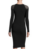 Illusion Long-Sleeve Tulle Sheath Dress, Black