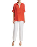 Oversized Short-Sleeve Linen Tunic, Petite