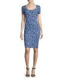 Paisley Knit Square-Neck Sheath Dress, Bianco/Indigo Multi