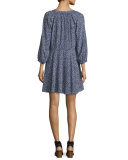 3/4-Sleeve Floral Silk Woodblock Dress, Ink Blue