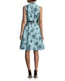 Sleeveless Belted Floral Shirtdress, Blue