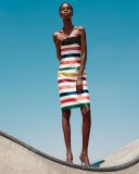 Strapless Striped Beaded Cocktail Dress, Multicolor