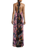Printed Silk Keyhole Halter Gown, Black/Pink/Blue