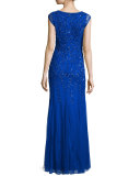 Cap-Sleeve V-Neck Beaded Gown 