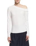 Long-Sleeve Crepe One-Shoulder Top, Ivory