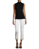 Skinny Cropped Jeans W/Fringe Lace Hem, White