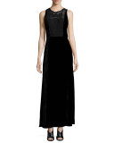 Kim Sleeveless Lace-Yoke Velvet Maxi Dress, Black