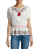 Winona Short-Sleeve Embroidered Top, Ivory