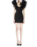 Tulle-Sleeve V-Neck Mini Sheath Dress, Black