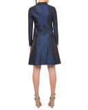 Iridescent High-Waist Belted A-Line Skirt, Navy