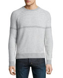 Neiman Marcus Cashmere by Billy Reid Striped Crewneck Sweater, Gray