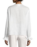 Ruffled-Placket Eyelet Blouse, White