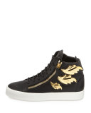 Men's Leather High-Top Sneaker with Golden Wings, Black