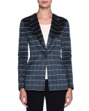 Single-Breasted Windowpane-Jacquard Jacket, Navy/White