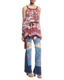 Patchwork Floral Denim Jeans, Light Blue
