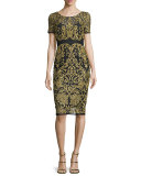 Short-Sleeve Embroidered Sheath Dress, Black