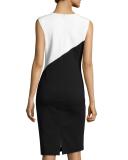 V-Neck Colorblocked Punto Milano Sheath Dress, White/Black