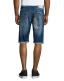 Distressed Straight-Leg Denim Shorts, Medium Blue
