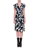 Cap-Sleeve Brushstroke-Print Dress, Multi Colors