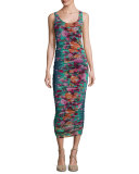 Floral-Print Ruched Tank Dress, Blue Pattern