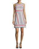 sleeveless jewel-neck striped dress, surprise coral