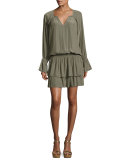 Olivia Bell-Sleeve Blouson Mini Dress, Sage
