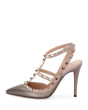 Rockstud 100mm Strappy Pebbled Leather Pump, Sasso/Poudre