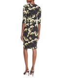 Carnation-Print Techno Dress, Black/Yellow