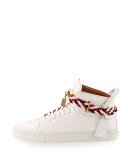 Men's 100mm Leather Mid-Top Sneaker with Woven Strap, White