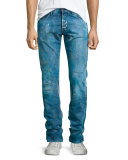 Demon Enzyme Stone Bleached Denim Jeans, Blue