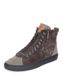 Hekem Men's Suede Patchwork High-Top Sneaker, Dark Gray