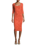 Square-Neck Stretch-Lace Sheath Dress, Tangerine