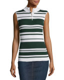 Sleeveless Rib Striped Mock-Neck Sweater, Spruce/Blanc