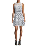 Sleeveless Sheer-Yoke Lace Sheath Dress, Ivory