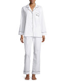 Long-Sleeve Pajama Set W/Embroidered Eye-Detail, Ivory