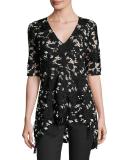 V-Neck Flared-Hem Lace Top, Black/Ivory