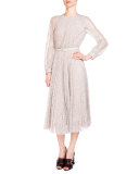 Rhona Long-Sleeve Pleated Lace Midi Dress, Silver