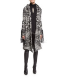 Multipattern Hooded Leather-Trim Coat, Black/White