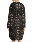 Long Floral-Lace Satin Parka, Khaki Multi