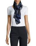 Floral-Print Silk Scarf, Navy