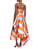 Strapless Wide-Striped Midi Dress, Orange/Sky