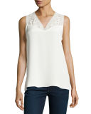 Kelsey Sleeveless Lace-Yoke Silk Blouse